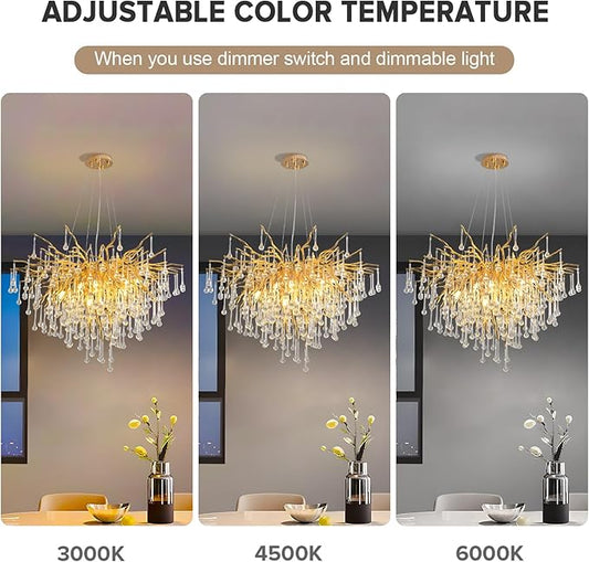 Gold Chandelier 24inch, Modern Crystal Chandeliers for Dining Room, Round Tree Branch Chandelier Ceiling Hanging Light Fixtures for Living Room,Bedrooms,Kitchen 8-Light
