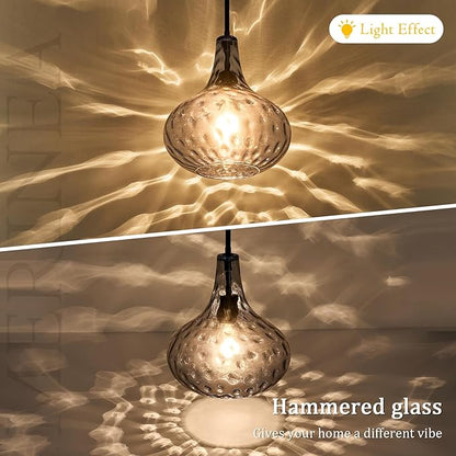 11" Hand-Blown Blue Glass Pendant Light, Hammered Glass Shade with Black Finish, Adjustable Modern Hanging Light Fixture for Kitchen Island, Dining Room, Hallway, Living Room