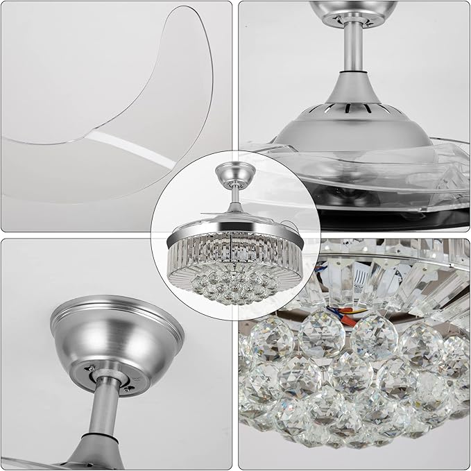 WWahuayuan 36" Chandelier Ceiling Fan Light, Modern Retractable Invisible Ceiling Fan Light Remote Control 4 Retractable ABS Blades for Bedroom Living Room Dining Room Decoration
