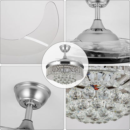 WWahuayuan 36" Chandelier Ceiling Fan Light, Modern Retractable Invisible Ceiling Fan Light Remote Control 4 Retractable ABS Blades for Bedroom Living Room Dining Room Decoration