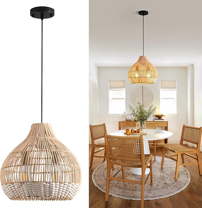 Boho Pendant Lights Kitchen Island 14.6in White Rattan Chandelier Beachy Wicker Dining Room Light Fixtures Woven Hanging Ceiling Lighting for Bedroom Breakfast Nook Restaurants Foyer Corridor