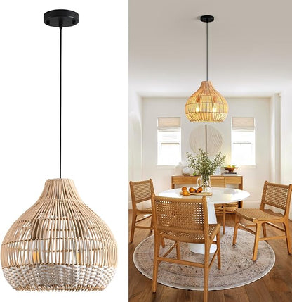 Boho Pendant Lights Kitchen Island 14.6in White Rattan Chandelier Beachy Wicker Dining Room Light Fixtures Woven Hanging Ceiling Lighting for Bedroom Breakfast Nook Restaurants Foyer Corridor