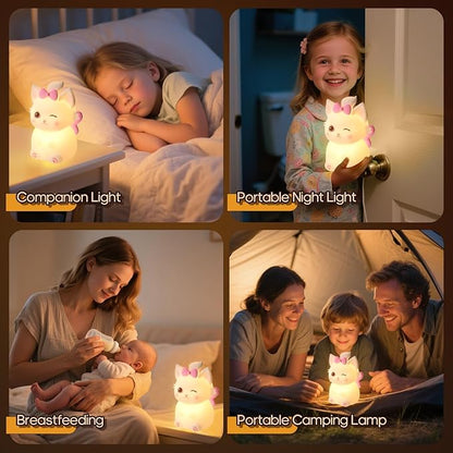 Cute Cat Night Light for Kids, 7 Color Changing & Dimmable, Super Squishy Silicone USB Rechargeable Lamp, Portable Nursery Light & Kawaii Gift for Baby, Boys, Girls & Adults, for Bedroom Decor