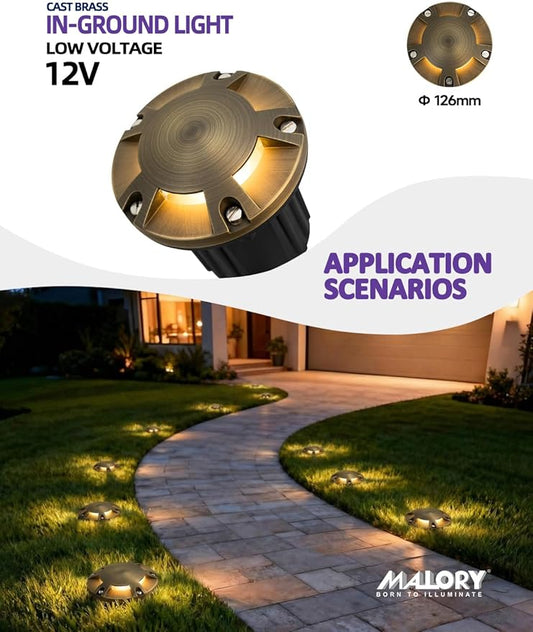 MALORY Brass Top Cover Landscape Well Lights,(φ126 mm) 12V Low Voltage Outdoor In Ground Lights,Landscape Lighting for Pathway, Driveway, Garden (Five-Direction Turret, 4-Pack with Bulb)