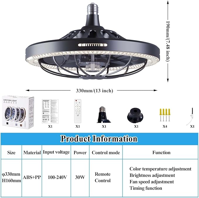 Socket Fan Light with Remote, 13 inch Socket Ceiling Fan with Dimmable Led Light, 3 Colors 3000K-6500K, 3 Speeds, Flush Mount Ceiling Fans with Lights for Bedroom, Kitchen, Living Room-Black
