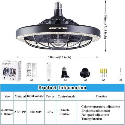 Socket Fan Light with Remote, 13 inch Socket Ceiling Fan with Dimmable Led Light, 3 Colors 3000K-6500K, 3 Speeds, Flush Mount Ceiling Fans with Lights for Bedroom, Kitchen, Living Room-Black