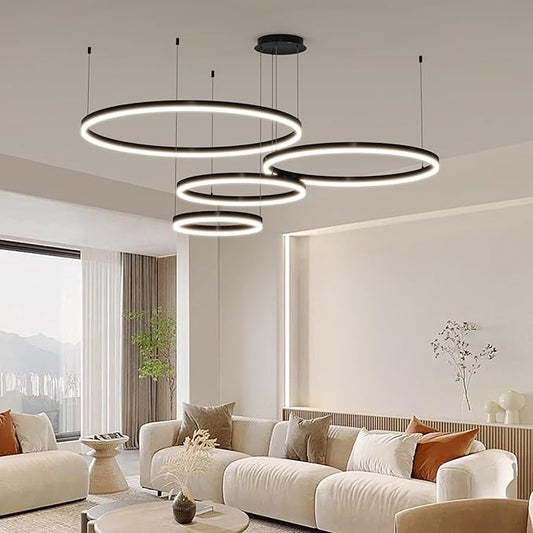Mikeru Modern 4 Ring Chandelier Light, LED Pendant Light Fixtures with Remote Control 3000k-6500K Adjustable Color Temperature Light for Living Room, Kitchen (11.8+15.7+23.6IN+31.5in)