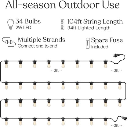 Brightech Ambience Pro 105Ft LED String Lights - 2W Commercial Grade Patio Lighting Outdoor Waterproof - Heavy Duty Dimmable Vintage Edison Porch Lights for Outside, Backyard - 34 Bulbs, Soft White