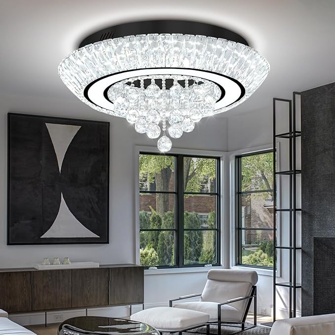 Glam Crystal Chandeliers, Modern Led Luxury Chandelier,24in Black Flush Mount Chandelier Ceiling Light, Raindrop Chandeliers for Dining Room, Living Room, Bedroom