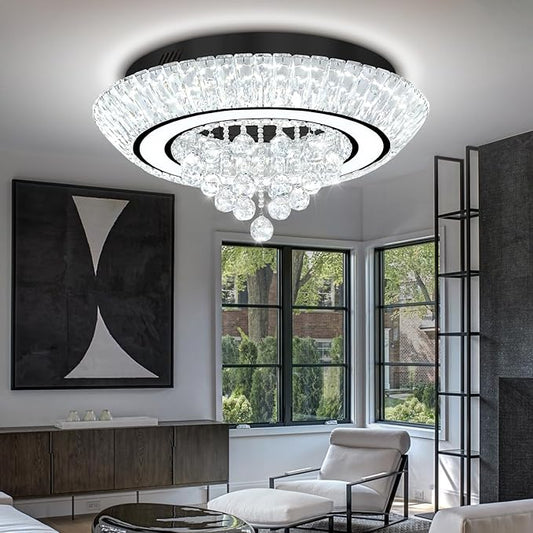 Glam Crystal Chandeliers, Modern Led Luxury Chandelier,24in Black Flush Mount Chandelier Ceiling Light, Raindrop Chandeliers for Dining Room, Living Room, Bedroom