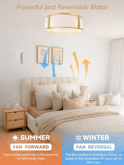 zheshirui Gold Caged Ceiling Fan with Light, 20" Flush Mount Boho Ceiling Fans with Lights Remote Control, Fabric Bladeless Caged with 6 Speeds for Bedroom, Nursery, Living Room