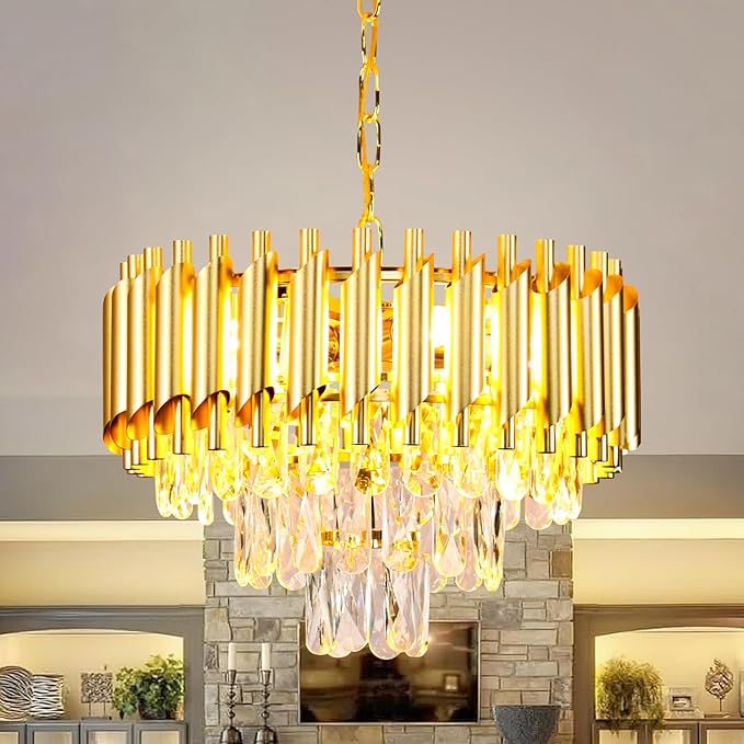 FRIXCHUR 16-Inch Modern Gold Crystal Chandelier, Ceiling Light Fixture, Adjustable Pendant Light – Suitable for Dining Room, Foyer, Kitchen and Bedroom