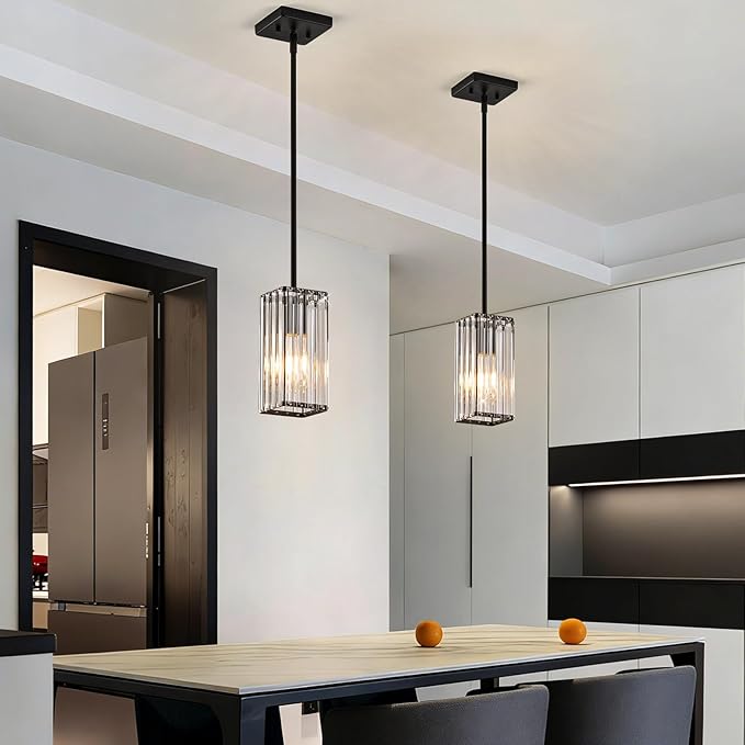 Modern Crystal Pendant Lights Kitchen Island, 2-Pack Black Hanging Light with Clear Crystal Shade, Adjustable Height Pendant Lighting for Kitchen Island Dining Room Bedroom Bar Entryway
