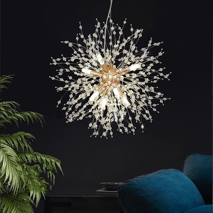 CM MZY Modern Crystal Chandeliers Firework, 8-Light Gold Dandelion Sputnik Ceiling Light Fixtures, Sputnik Chandelier for Bedroom Living Room Dining Room Kitchen Island Hallway
