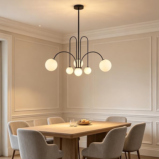 Mid Century Modern Chandelier 6-Light Milk Glass Chandelier Black Sputnik Chandelier Light Fixture Frosted White Globe Chandelier Nordic Chandeliers for Dining Room Living Room
