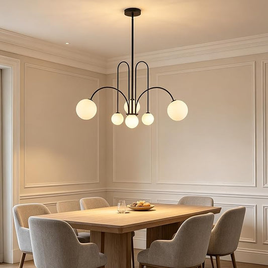 Mid Century Modern Chandelier 6-Light Milk Glass Chandelier Black Sputnik Chandelier Light Fixture Frosted White Globe Chandelier Nordic Chandeliers for Dining Room Living Room