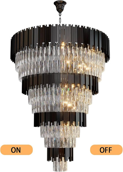 11-Tier K9 Crystal Chandelier, 32" Modern Black Adjustable Height Pendant Light, Luxury Round Chandeliers for High Ceiling, Foyer, Staircase, Entryway, Two-Story Living Room
