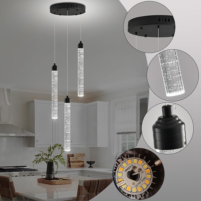 Crystal Kitchen Island Chandelier, Modern Black Spiral Dimmable LED Cluster Raindrop Foyer Chandelier Lighting, Bubble Dining Room Hanging Light Fixture 3 Light Remote Control