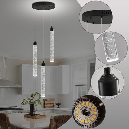 Crystal Kitchen Island Chandelier, Modern Black Spiral Dimmable LED Cluster Raindrop Foyer Chandelier Lighting, Bubble Dining Room Hanging Light Fixture 3 Light Remote Control