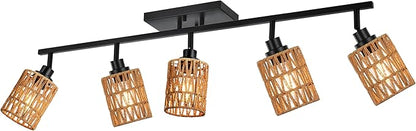 MELUCEE 5 Light Black Track Ceiling Light Fixture with Rattan Lamp Shade, Farmhouse Vanity Lights for Bathroom with Rotatable Light Head, Spotlight Track Lighting for Hallway Porch Foyer Bath