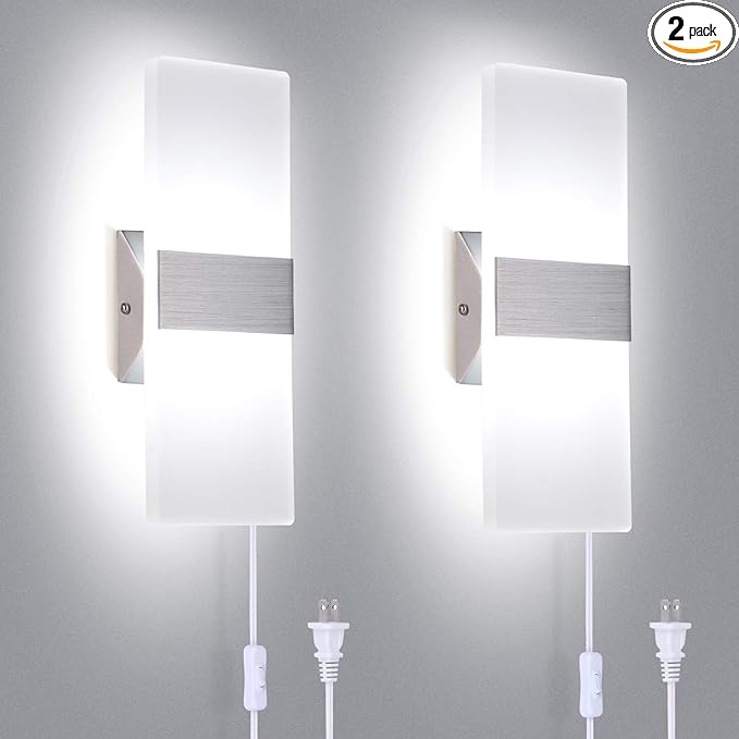 TRLIFE Modern Wall Sconces Set of 2, Wall Sconce Plug in 12W LED 6000K Cool White Acrylic Wall Mounted Light Wall Lights with 6FT Plug in Cord for Bedroom Bedside Stairway(2 Pack, Silver)