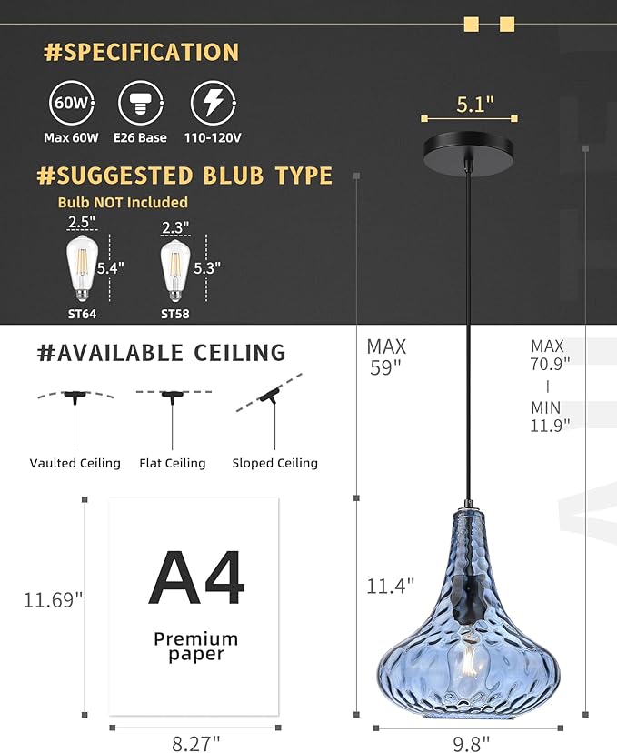 AUTELO Blue Pendant Lights Kitchen Island, 10" Hammered Glass Pendant Lights, Modern Pendant Light Fixtures in Matte Black Finish, Hanging Lamp for Dining Room, Kitchen Sink, H9164 BU