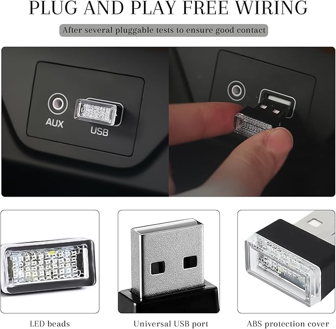 4 PCS USB LED Car Interior Atmosphere Lamp, Portable Mini Auto LED Decor Night Light, Plug-in USB Interface Ambient Lighting Kit, Universal Car Interior Accessories(Purple)
