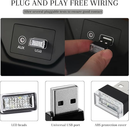 4 PCS USB LED Car Interior Atmosphere Lamp, Portable Mini Auto LED Decor Night Light, Plug-in USB Interface Ambient Lighting Kit, Universal Car Interior Accessories(Ice Blue)