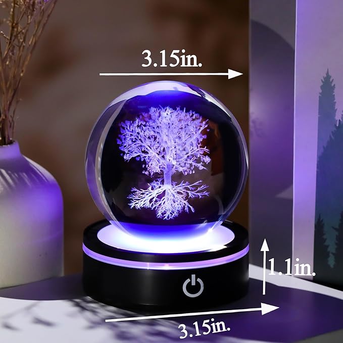 YWHL 3D Crystal Tree of Life Figurines Ball with Colorful Light Base, Laser Engraved Tree of Life Sphere Gifts for Women Men on Birthday, Glass Art Collection for Home Decor(80mm)