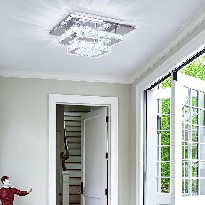 Mini Chandelier LED Crystal Ceiling Light 2 Layers Flush Mount Ceiling Light Modern Chandelier Lighting for Hallway Staircase Kitchen Bathroom (Cool White)