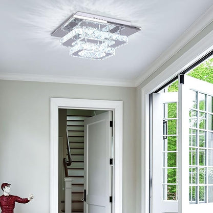 Mini Chandelier LED Crystal Ceiling Light 2 Layers Flush Mount Ceiling Light Modern Chandelier Lighting for Hallway Staircase Kitchen Bathroom (Cool White)