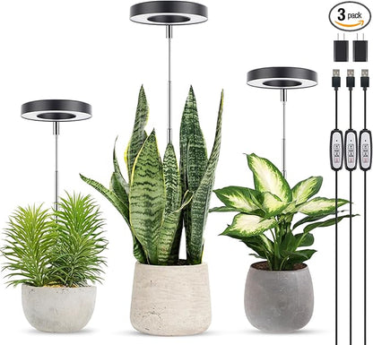 LORDEM Grow Light, Full Spectrum LED Plant Light for Indoor Plants, Height Adjustable Growing Lamp with Auto On/Off Timer, 4 Dimmable Brightness, Ideal for Small Plants, 3 Packs of Black