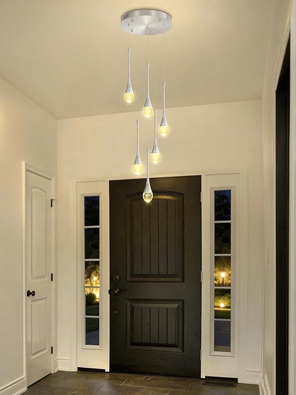 ykolupty H86 Pendant Lights Kitchen Island 6-Lights Pendant Chandelier for Dining Room Hallway Stairwell,Silver Chandelier Suit for Sloping Ceiling LED Dimmable 2700K-6000K