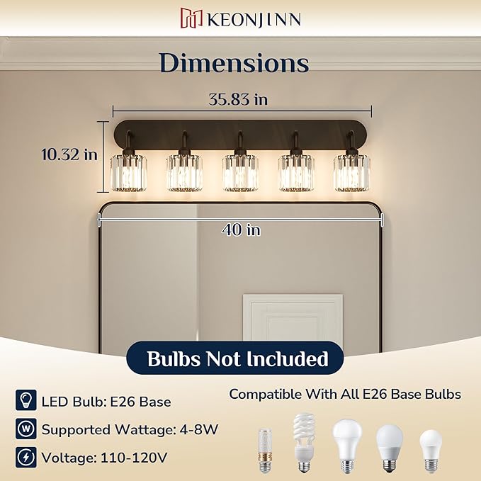 Keonjinn 5-Light Bathroom Light Fixtures, Crystal Black Bathroom Vanity Lights Over Mirror, Vanity Lighting Fixtures with Crystal Square Shades (E26 Socket, Exclude Bulb)