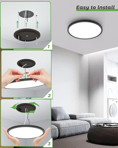 zemty 12Pack 12 Inch LED Flush Mount Ceiling Light, Super Slim 28W 3200lm LED Ceiling Light, 3 Color Temperature in One 3000k/4500k/6000K Round Light Fixture for Bedroom, Kitchen, Dining Room (Black)