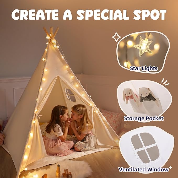 Sumbababy Teepee Tent for Kids, Cotton Canvas Indoor Play Tent, Foldable Toddler Sleepover Tents for Girls & Boys Slumber Party, Washable Gift Set with Star Lights, Banner & Carry Bag