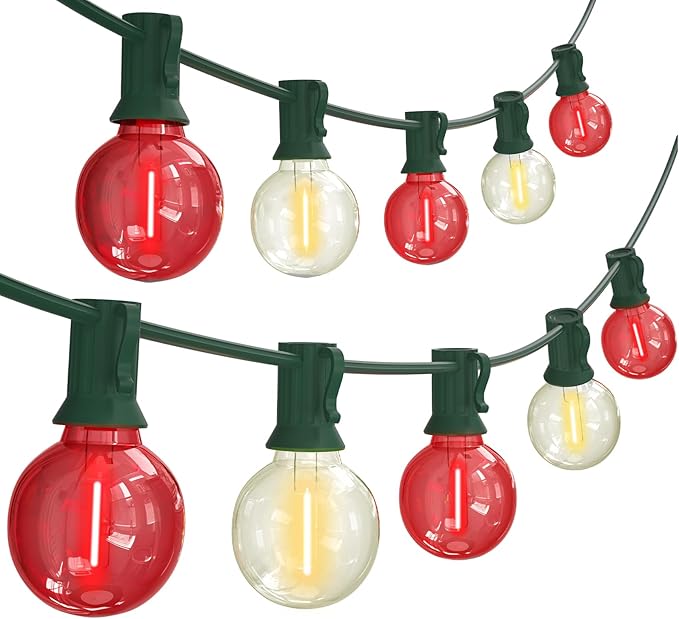 SUNSGNE Red and White Christmas Lights, 50FT G40 Globe Christmas Lights with 27 LED Round Xmas Light Bulbs(2 Spare) for Outdoor Roofline Patio Yard Decorations, E12 Socket, Green Wire