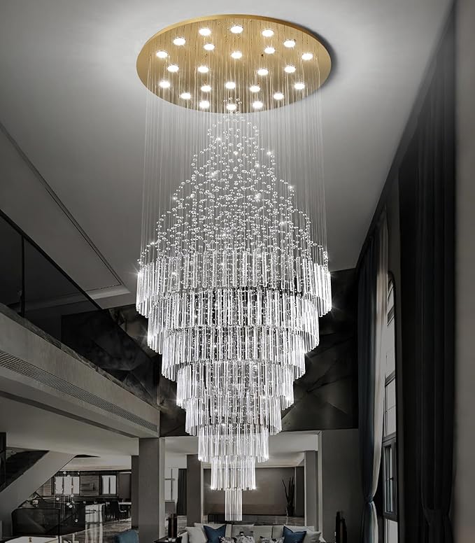 HAIXIANG W47 x H120 Crystal LED Chandelier with Light Bulbs Luxury Raindrop High Ceiling Chandeliers for Entryway Villa Staircase Foyer Living Room Lighting Fixtures Gold