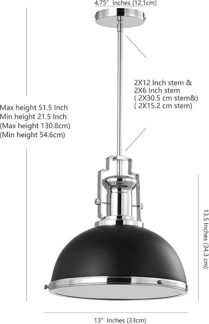 JONATHAN Y 13" Black/Chrome Modern Industrial Iron LED Dome Pendant Light, Adjustable Hanging Fixture for Kitchen Island or Entryway, Black Metal Shade, LED Bulb Included (JYL9536B)