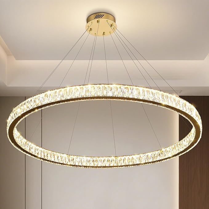 Modern Large Gold Ring Chandelier Dimmable LED 47.5in Adjustable Gold Crystal Ring Pendant Light Fixtures for Dining Room Living Room