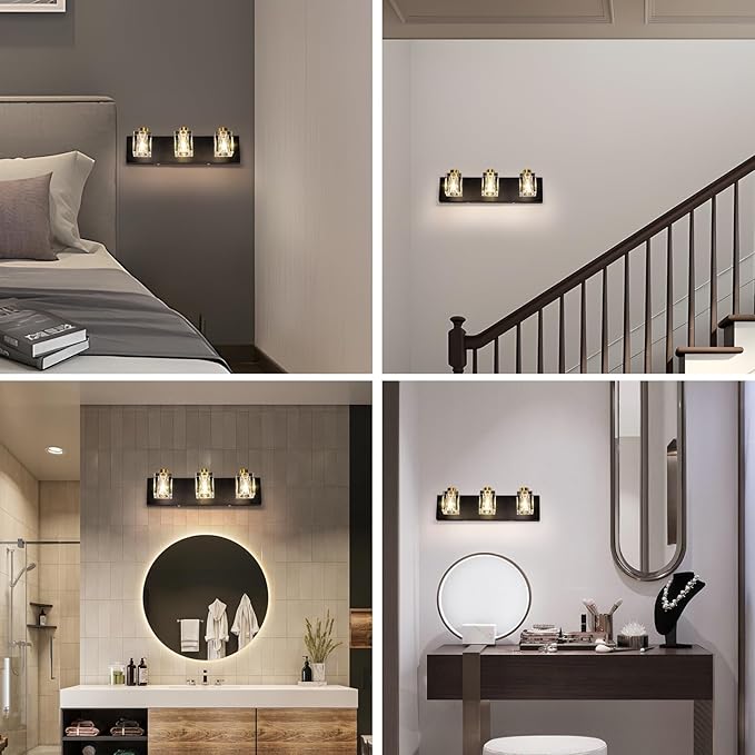 Modern Crystal Vanity Lights,3 Light Bathroom Vanity Light fixtures,Black and Gold Bathroom Lights Over Mirror,Wall Sconces Light for Bathroom,Hallway Bedside Stairway