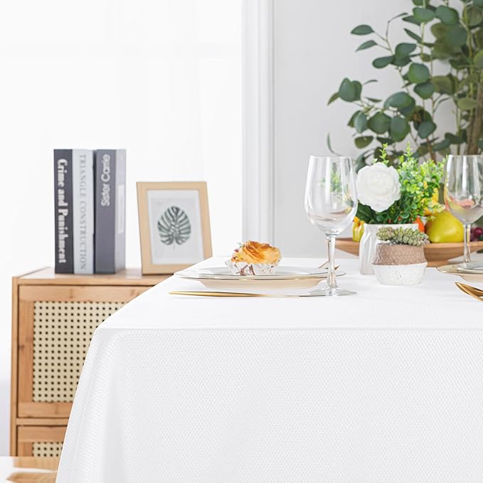 Hiasan 60 X 120 Inch Rectangle Textured Tablecloth - Waterproof Spillproof Antiwrinkle Jacquard Table Cloth for Kitchen and Dining Dinner, Outdoor Picnic, Holiday and Parties, White