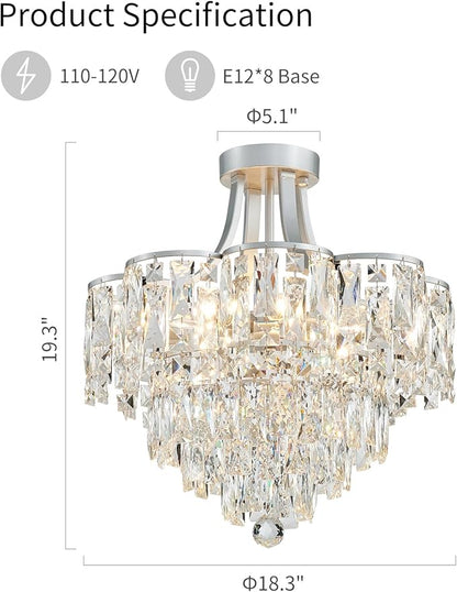 WUZUPS Crystal Chandelier Semi-Flushmount Ceiling Light Modern Lighting Fixture for Bedroom Hallway Entry Kitchen Bathroom, H 19.3" x W 18.3", E12 Base, Silver
