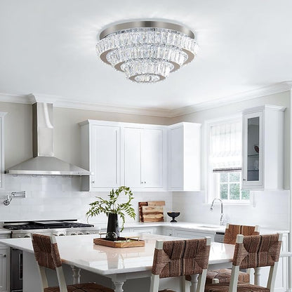 Modern LED Crystal Chandelier 3-Tier LED Ceiling Light Round Ceiling Flush Mounted Chandelier Light Fixure for Dinning Room Bedroom Living Room (Cool White)