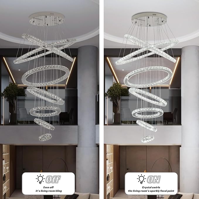 Finktonglan 7-Ring Crystal LED Chandelier, Cool White 6000K Modern Pendant, Adjustable Height up to 118", K9 Stainless Rings (Ø5.9–29.5"), Non-Dimmable Foyer Stair Ceiling Light