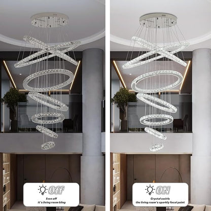 Finktonglan 7-Ring Crystal LED Chandelier, Cool White 6000K Modern Pendant, Adjustable Height up to 118", K9 Stainless Rings (Ø5.9–29.5"), Non-Dimmable Foyer Stair Ceiling Light