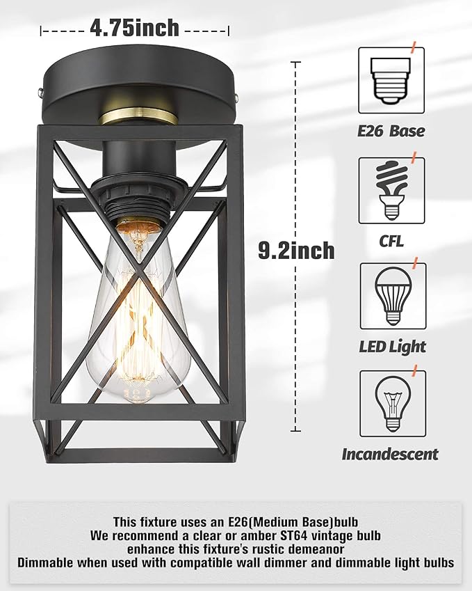 Semi Flush Mount Ceiling Light,Metal Cage Farmhouse Light Fixture Hardwired for Entryway, Hallway, Kitchen Over Sink, Bathroom,Laundry Room,Modern Industrial Vintage Style,Single E26 Bulb（Black,1PK）