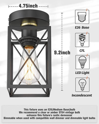 Semi Flush Mount Ceiling Light,Metal Cage Farmhouse Light Fixture Hardwired for Entryway, Hallway, Kitchen Over Sink, Bathroom,Laundry Room,Modern Industrial Vintage Style,Single E26 Bulb（Black,1PK）