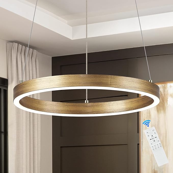 12in LED Ring Chandelier Brass Gold Modern Dimmable Pendant Light Height Adjustable Circular Hanging Ceiling Fixture for Kitchen Island Dining Table Entryway Sink