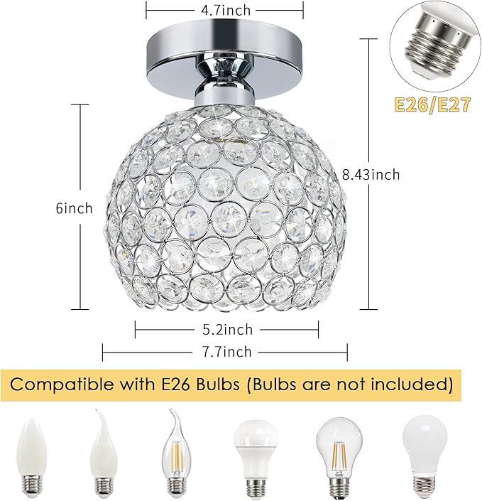 TISLYCO Small Chandelier for Hallway, Modern Semi Flush Mount Light Fixture Silver Crystal Chandelier, Ceiling Light Fixture for Foyer Closet Entryway Kitchen Bedroom Dining Room